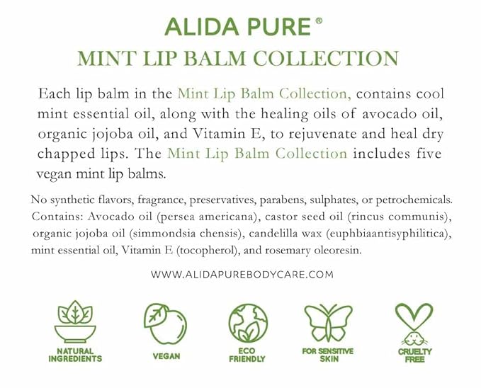 Mint Lip Balm Collection, Vegan Set, Beeswax Free, with Organic Jojoba and Avocado Oil, Vitamin E, Natural Moisturizer for Dry, Chapped Lips, 5 Tube Set