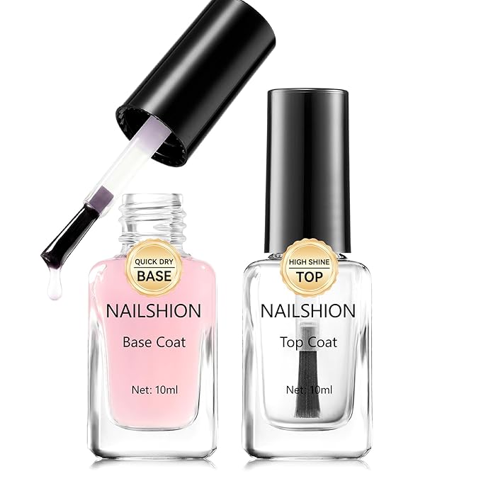 Nailshion Clear Top Coat and Sheer Pink Base Coat Ridge Filler Strengthening Anti Chip Nail Polish, Non Gel, Rich in Castor Oil, Salon Quality, High Glossy Quick Dry Home DIY Nail Art Gift Set