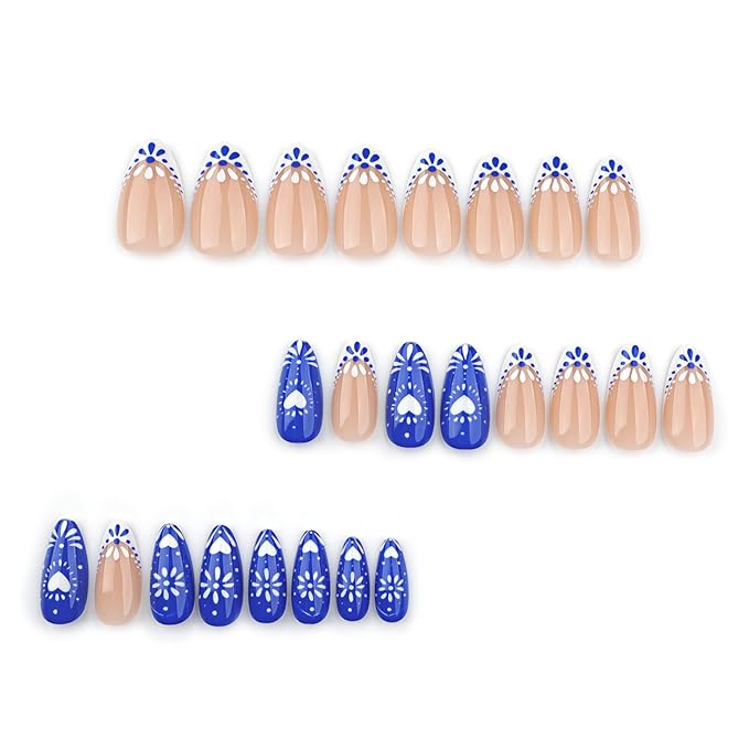 XZMeiLun Blue French Tips Press On Nails Short Almond, Flower Heart Sticke On Nails, Designer Reusable Acrylic Nails Press Ons, Fake Nails With Glue On Nails, Daily Wea False Nails For Women
