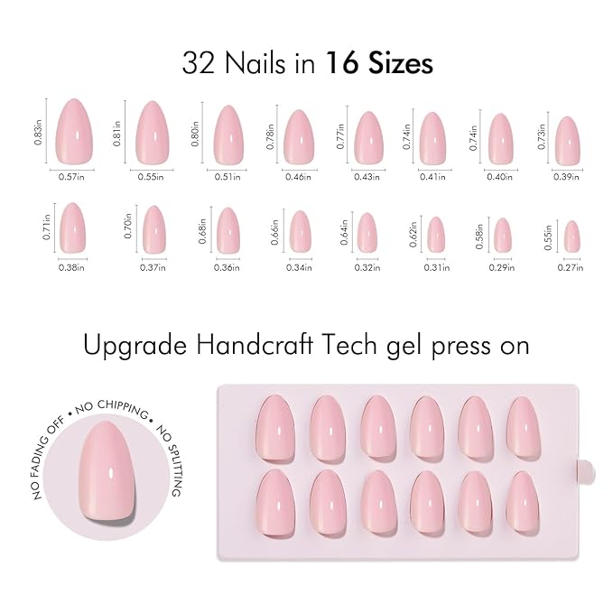 VSALON Press on Nails Short Almond - Pastel Baby Pink Fake Nails Kit for Women, Reusable Solid Opaque Soft Gel Glue on Nails with Glue, Protector Cuticle Oil - 32 PCS Stick on Nails in 16 Sizes