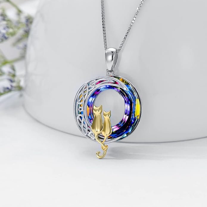 TOUPOP Cat Gifts for Cat Lovers One Two Three Four Cats Necklace Sterling Silver Cats on the Moon Pendant Necklace with Blue Circle Crystal Birthday Christmas Celtic Jewelry Gifts for Women