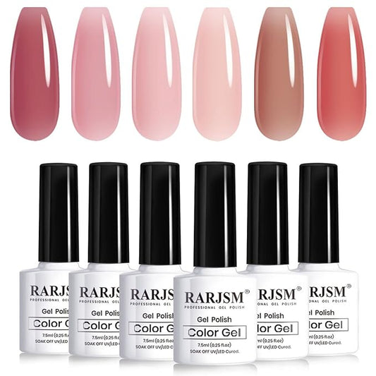 RARJSM Nude Gel Polish Set Purple Jelly Gel Nail Polish of 6 Transparent Colors 7.5ml Clear Mavue Purple Pink Sheer Rose Red Brown Autumn Winter French Manicure LED UV Gel Curing Requires Soak Off