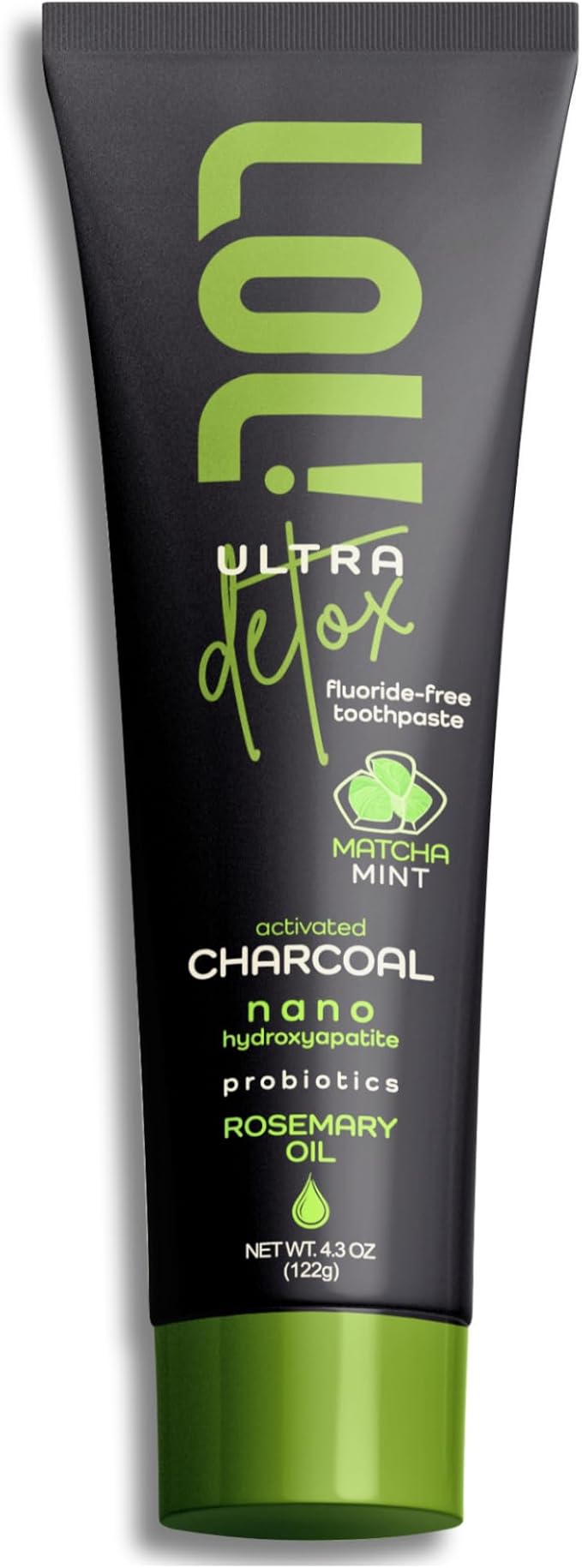 LOL Detox Activated Charcoal Toothpaste Whitening - Nano Hydroxyapatite, Probiotics, Matcha, Rosemary Oil, Xylitol, Fluoride Free - Gum Detoxify Toothpaste (4.3oz, Ultra Detox Matcha Mint)