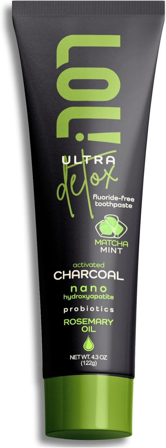 LOL Detox Activated Charcoal Toothpaste Whitening - Nano Hydroxyapatite, Probiotics, Matcha, Rosemary Oil, Xylitol, Fluoride Free - Gum Detoxify Toothpaste (4.3oz, Ultra Detox Matcha Mint)