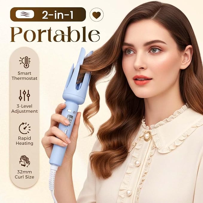 Fully Automatic Lazy Curling Stick,2026 New Electric Rotary Curler,32mm Rotating Curling Iron with 3 Temperatures,Fast Heating Curler Tongs Anti-Scald Hair Wand Gift for Long Hair (Light Blue)