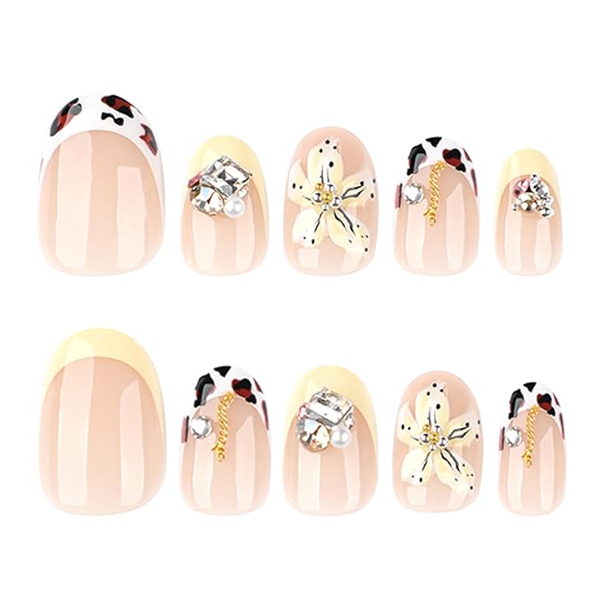 24Pcs Leopard French Tip Press on Nails Shiny Rhinestones 3D Flower Designs Summer Short Round Fake Nails Yellow French Petal Floral False Nails Stick on Nails for Women Balls Parties Dates Wear