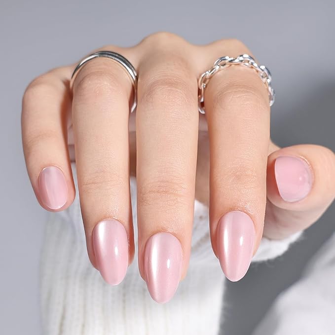 Leefrei Cat Eye Press On Nails - Glazed Soft Pink Press On Nails Short Almond Nails Press Ons for Women Fake Nails with Glue, Glossy Reusable Glue on Nail in 16 Sizes - 32pcs, Petal Pink