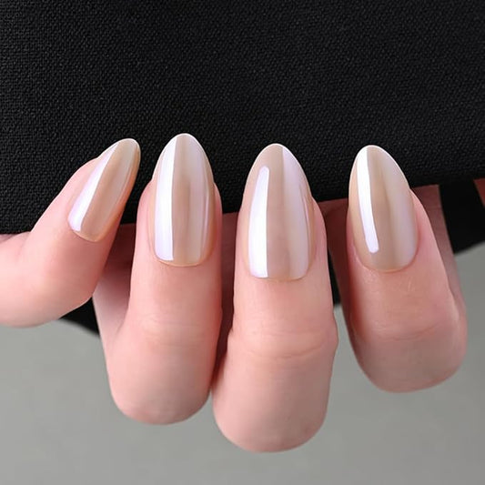 Press on Nails Short Almond - Nude Beige Chrome Glazed Glossy Press on Nail Tips Stick on Nails with Nail Kit for Gift, Reusable Stick On Nails in 15 Sizes 30 Full Cover Acrylic Soft Gel Fake Nail Kit