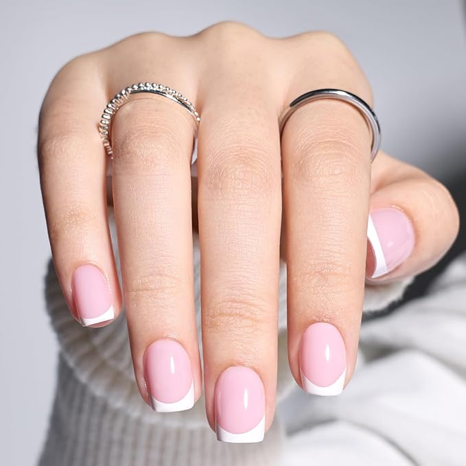 Leefrei French Tip Press On Nails - Short Square Press on Nails Pink White Tips Nails Press Ons for Women Fake Nails with Glue, Glossy Reusable Glue on Nail in 15 Sizes - 30pcs, Dusty Lavender