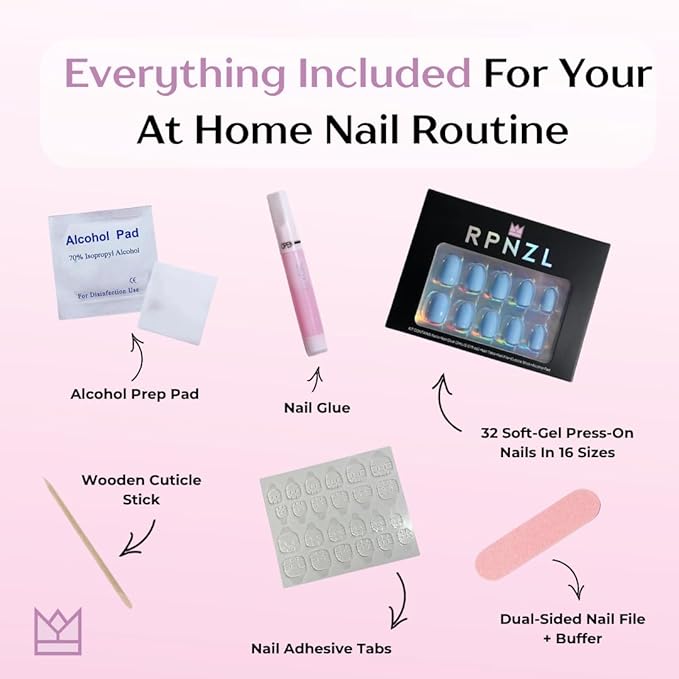 RPNZL Press On Nails - Cloud Nine | Opaque Soft Pale Sky Blue Short Oval Fake Nails, Salon Quality | 32 Nails, 16 Sizes Kit with Glue and Adhesive Tabs I Female Founded