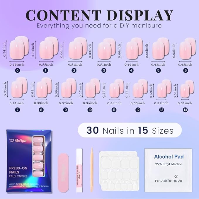 XZMeiLun Pink White Ombre French Tip Press on Nails, Short Square Acrylic Fake Nails Design, Natural Reusable Nails Kit for Women DIY False Nail Art Decoration Gift, Salon Quality Reusable 15/30 Psc