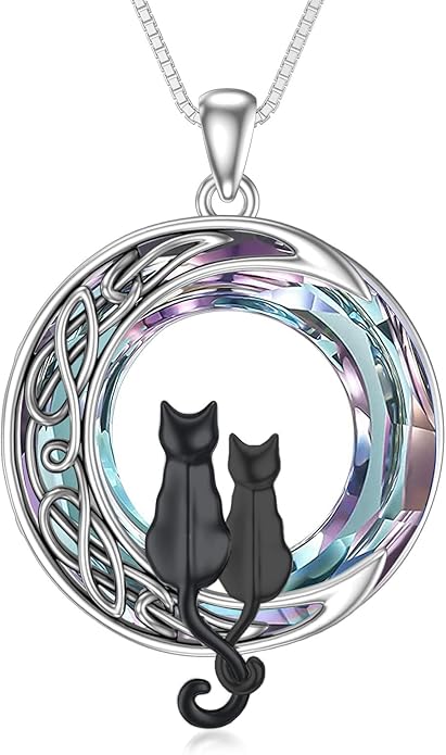 TOUPOP Cat Gifts for Cat Lovers One Two Three Four Cats Necklace Sterling Silver Cats on the Moon Pendant Necklace with Blue Circle Crystal Birthday Christmas Celtic Jewelry Gifts for Women