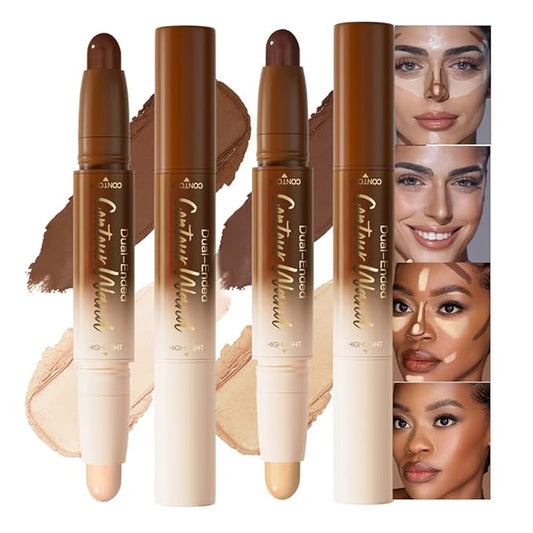 2Pcs Cream Foundation Stick Face Body Makeup Dual Ended, Nude Light Beige & Nude Brown no Transfer Waterproof 2in1 Cream Concealer Stick Contouring Makeup Set, Nose Contour Bronzer Sticks Highlighter
