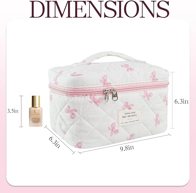 Bow Makeup Bag Organizer, Travel Makeup Bags for Women, Quilted Cosmetic Bag for Women, Large Travel Toiletry Bag, Cute Makeup Bags for Teen Girls, Cute Toiletry Bag Organizer