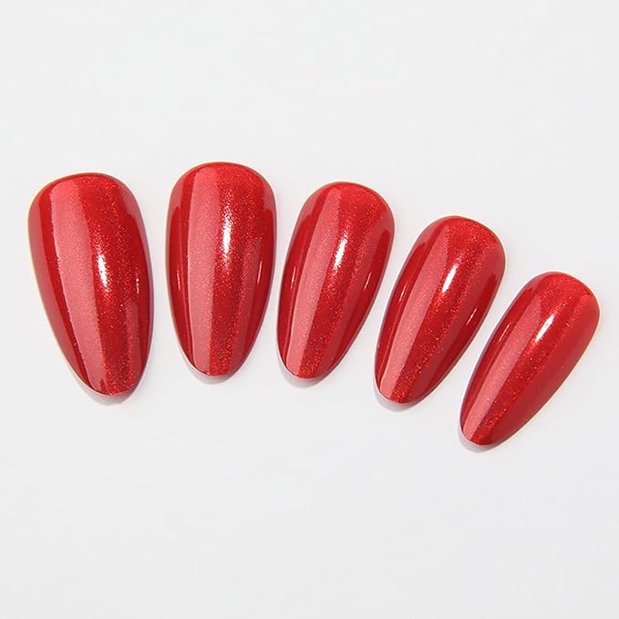 XZMeiLun 24Pcs Red Holographic Acrylic Press on Nails Short Almond - Reusable Fake Nails with Nail Glue Kit, Long Lasting Chameleon Static Nails for Women Daily Wear & Parties (Glossy Laser Design)