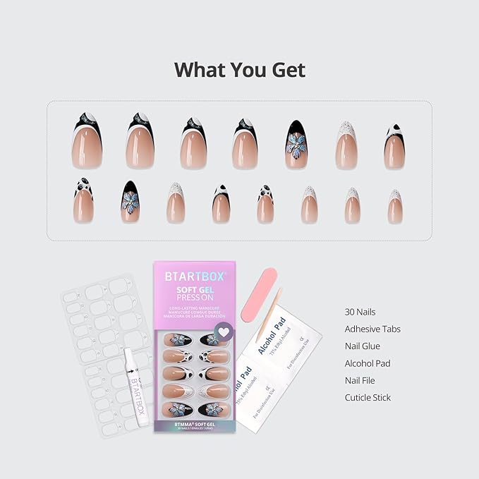 BTArtbox Press On Nails Medium - 3D Flower Almond French Tip Press On Nails with Glue for Women, Opaque Soft Gel Glue On Nails in 15 Sizes - 30 Stick On Nails Kit, Bessie & Bestie