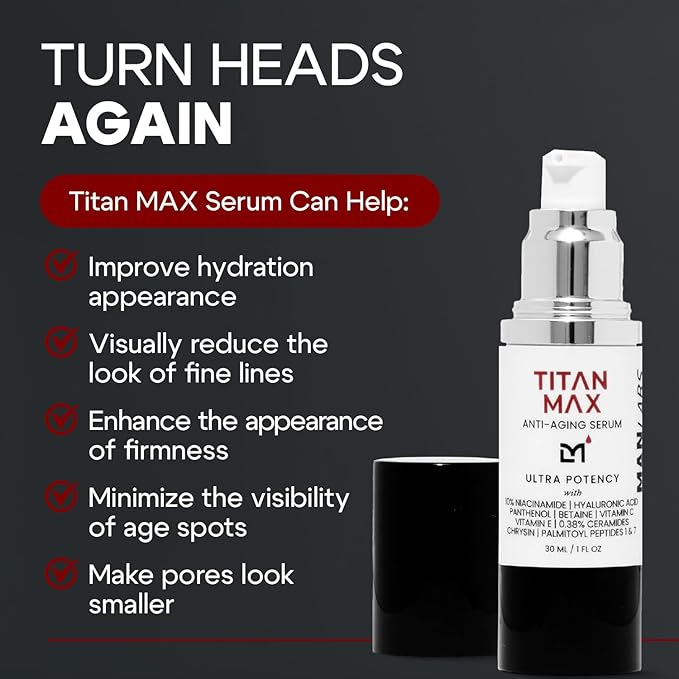 Man Labs Titan MAX Anti-Aging Face Serum for Men – Ultra Potency Mens Face Lotion – Skin Tightening Cream for Face – Mens Skin Care – Vitamin C & E, 10% Niacinamide, Hyaluronic Acid – Unscented