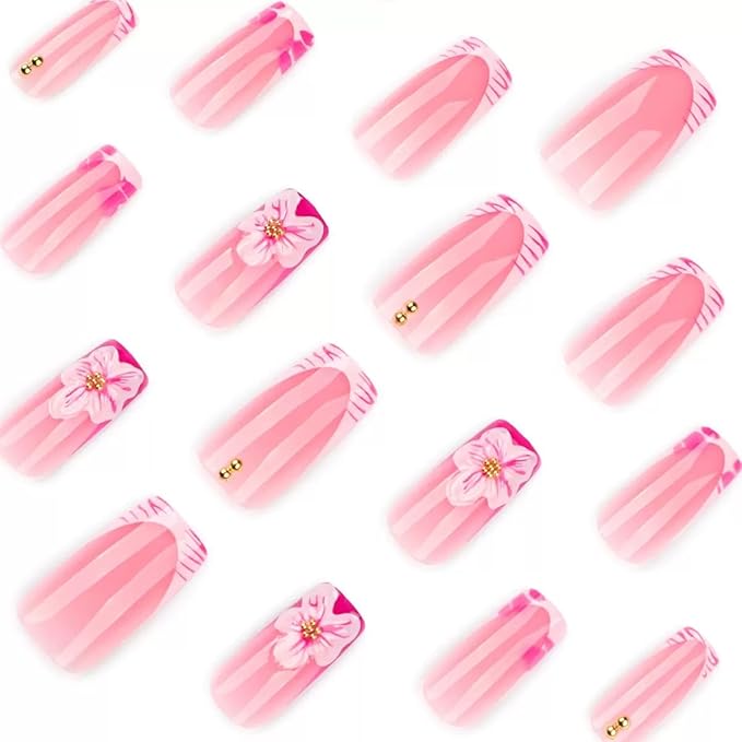 Medium Square Press on Nails - French Tip Fake Nails with 3D Flower Design - Pink False Nails Press ons - for Women 24 Pcs