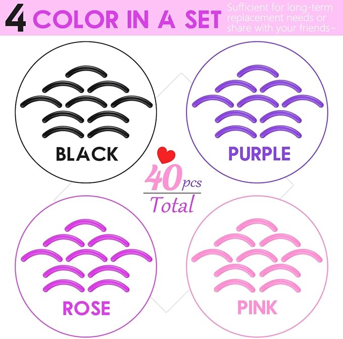 qiipii 40 pcs Eyelash Curler Refills Curler Refill Pads Soft Rubber Curler Replacement Refills Pads for Universal Eyelash Curler with a Clear Storage Box (Black, Purple, Rose Red, Pink * 10)