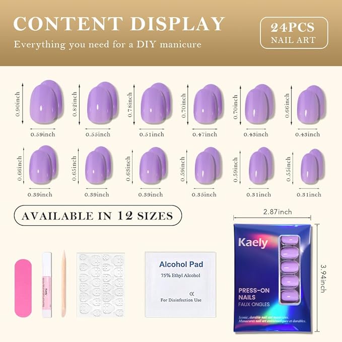 evpct Lavender Purple Medium Oval Glossy Press on Nails for Women Gift, Glossy Purple Fake Nail with Kits Manicure Kit, Soft Gel Full Cover Reusable Stick on Soft Acrylic False Nails Perfectly Fit