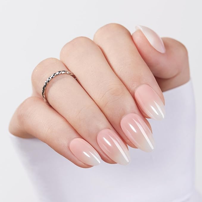 Modelones Pink Ombre Press on Nails Almond, Valentine's Day Chrome Short Almond Fake Nails, Nail Kit with Nail Glue Adhesive Tabs Mini Nail File, Nails Press Ons 32Pcs16 Sizes, Women Girl Gift