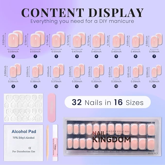XZMeiLun Nude+White French Tips Press on Nails, Short Square Acrylic Fake Nails Design, Natural Reusable Glue-On Nails Kit for Women DIY False Nail Art Decoration Gift, Salon Quality Reusable 32 Pcs