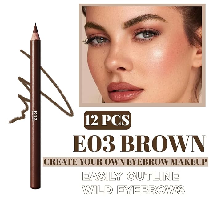 Eyebrow Pencils for Women, 12Pcs Hard-Core Wooden Eye Brow Eye Liner Pencils for Beginner Makeup, Black Coffee Brown Colors, Waterproof & Sweat-Proof (Brown-12 Pcs-E03)