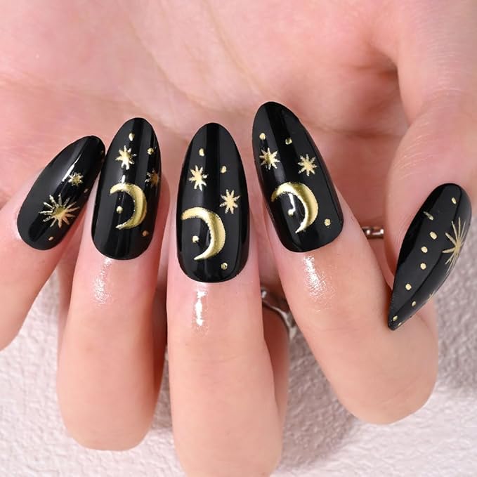 XZMeiLun Black Star Moon Press on Nails, Long Almond Acrylic Fake Nails Design, Natural Reusable Glue-On Nails Kit for Women DIY 3D False Nail Art Decoration Gift, Salon Quality Reusable 15/30 Psc