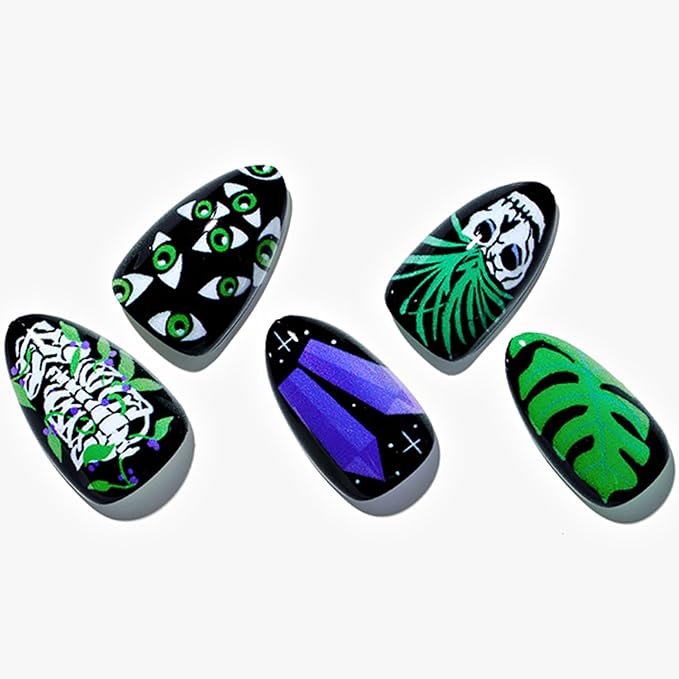 GLAMERMAID Black Emo Press On Nails Short Almond, Handmade Soft Matte Gel Fake Nails with Gothic Snake Skull Ghost Design, Round Oval Stick Glue on Nails Kit for Women, Reusable Acrylic False Nail Set