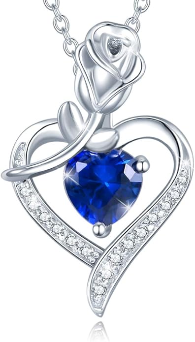 AGVANA Christmas Gifts Rosy Reverie Birthstone Necklace for Women Sterling Silver Genuine or Created Gemstone Rose Flower Heart Pendant Necklace Anniversary Birthday Gifts for Women Mom Wife Her