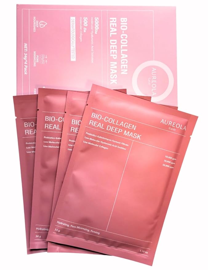 AUREOLA GALÓR Bio-Collagen Sheet Mask (4 Pack), Hydrating & Firming Face Mask, Korean Skin Care Collagen Mask for Dry & Aging Skin, Winter Hydration for All Skin Types