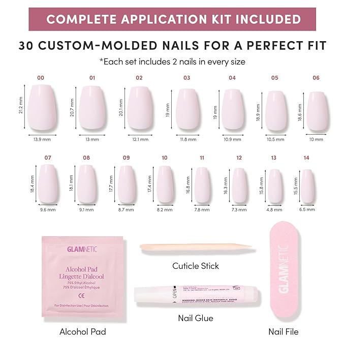 Glamnetic Press On Nails - Blush Dream | Medium Coffin Pink Fake Nails, Salon Quality Milky Nails | 15 Sizes - 30 Nail Kit with Glue