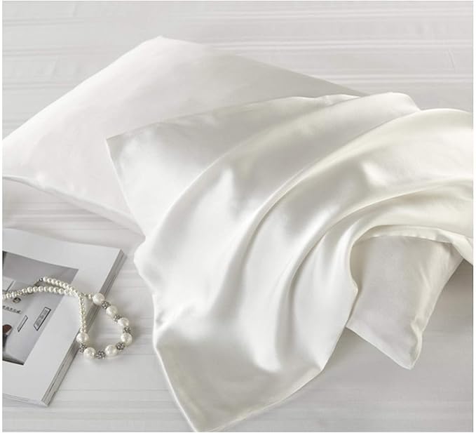 Mulberry Silk Pillowcases Set of 2, Hypoallergenic Satin Pillow Covers for Hair and Skin, with Hidden Zipper, Both Side 100% 19 Momme Silk (White,Standard)