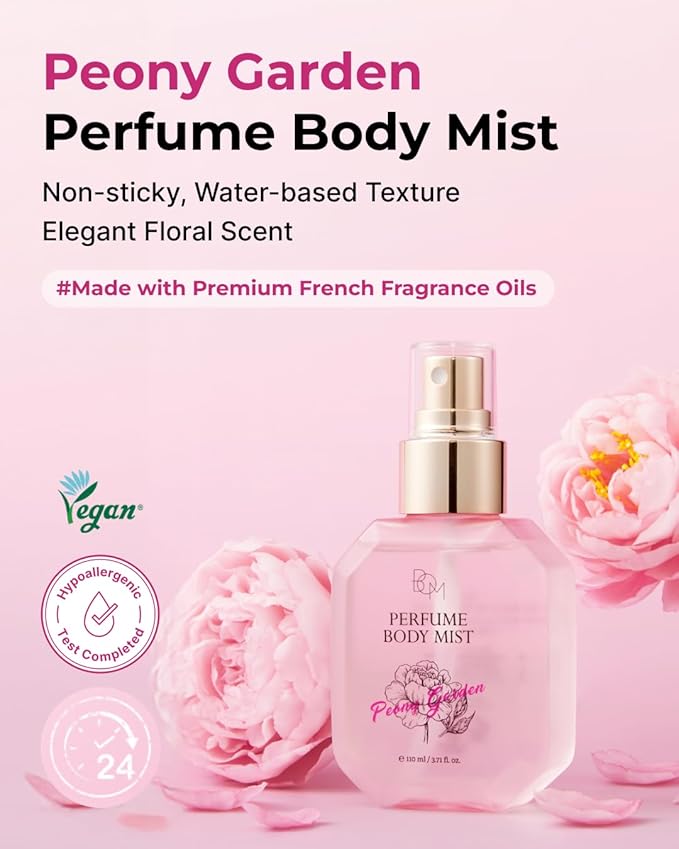 BOM Peony Garden Perfume Body Mist 3.71 Fl Oz, Floral Scented Fine Mist with Hyaluronic Acid, Niacinamide & Vitamin C, Hydrating, Lightweight Body Perfume, Long-Lasting Fragrance, Korean Skincare