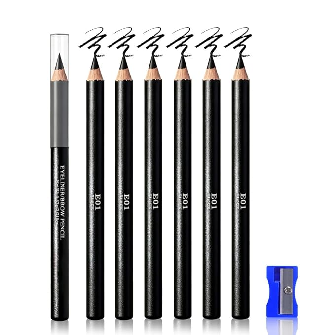 Eyebrow Pencils for Women with Sharpener, 6Pcs Hard-Core Wooden Eye Brow Eye Liner Pencils for Beginner Makeup, Waterproof & Sweat-Proof (6Pcs-Black)