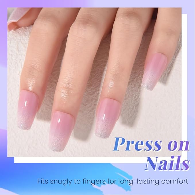 evpct Ombre Gold to Pink Press on Nails Short Coffin, Short Coffin Glossy Stick on Nails for Women Gift with Manicure Kit, Reusable Soft Gel Stick on Fake Nail with Ombre Designs Perfectly Fit