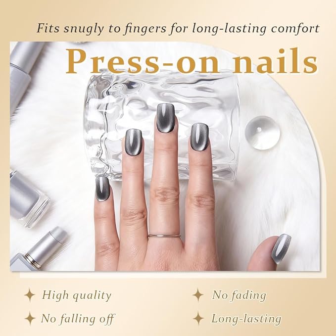 evpct Black Silver Cat Eye Press on Nails Short Square, Short Square Stick on Nails for Women Gift, Silver Grey Gray Metallic Glitter Shimmer Reusable Gel Press on Acrylic Fake Nail with Design