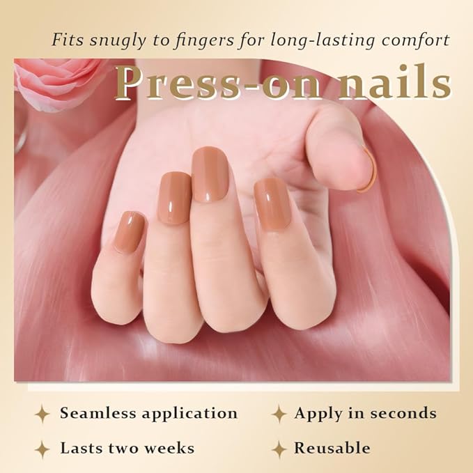 evpct Nude Brown Short Press on Nails Square, Glossy Soft Gel Acrylic Fake Press on Nails Manicure Kit, Reusable Artificial Stick on Nail for Women, Full Cover Easy Application Easy At-Home Salon