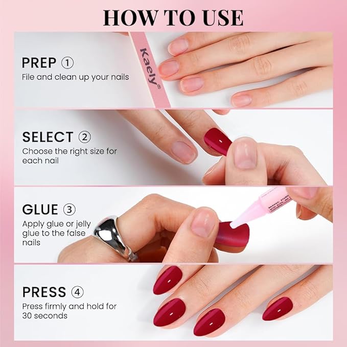 evpct Glossy Press on Nails Short Almond Short for Women, Dark Red Fake Nail with Kits Salon Quality Reusable Stick on Nails In 15 Sizes 30Pcs Full Cover False Nail Soft Gel Set Kit for Gift, 27