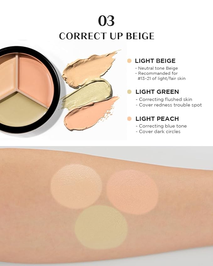 THESAEM Cover Perfection Triple Pot Concealer 2-Pack Set - 03 Correct Up Beige & 04 Tone Up Beige - 6-Color Multi Concealer Palette Kit - Korean Makeup with Sweet Almond Oil for Light Skin Tones