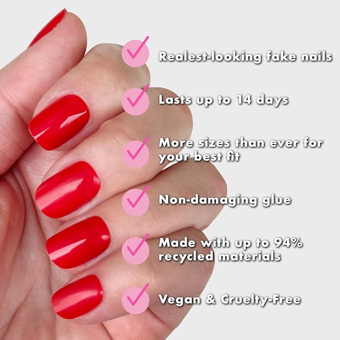 Olive & June Instant Mani Press On Nails (Glue) | Cherry Red | Short, Squoval | 42 Fake Nails, 21 Sizes | Non-Toxic, Long-Lasting | Recycled Materials | Realistic Look | CV