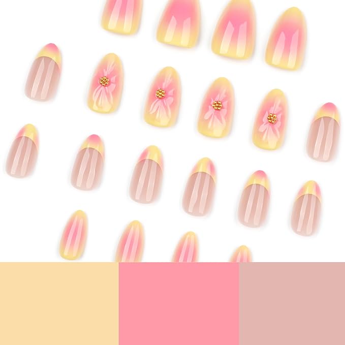 24Pcs French Tip Press on Nails with 3D Flower Fake Nails French Yellow, Sweet and Cool Manicure Press on Cute Stick on Nails Short Gradient Glossy Acrylic Nails Kit for Women Daily Wear