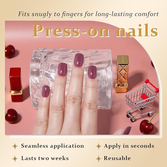 evpct Maroon Glossy Press on Nails Short Square, Glossy Maroon Fake Nails Summer Reusable, Acrylic False Nail Stick on Press ons for Women Gifts, Perfectly Fit Durable False Nail Kit & Gel 30Pcs