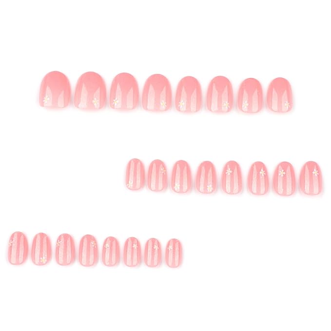 XZMeiLun Pink Glitter Press On Nails Almond Squoval, White Flower Pattern Designer Reusable Acrylic Nails Press Ons, Fake Nails With Glue On, Daily Wear Floral False Nails For Women