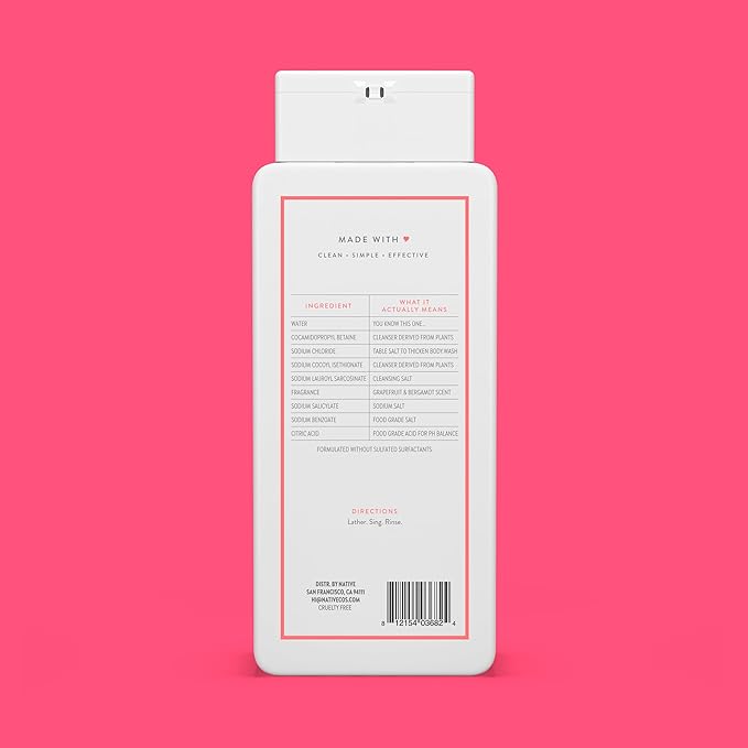Native Body Wash Contains Naturally Derived Ingredients | For Women & Men, Sulfate, Paraben, & Dye Free Leaving Skin Soft and Hydrating | Grapefruit & Bergamot 18 oz