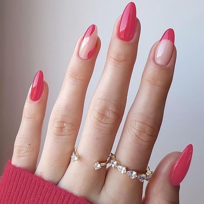 GLAMERMAID Pink French Tip Press on Nails Medium Almond, Nude Gel False Nals, Jump Color Stiletto Glossy Glue on Nails Kit for Women, Reusable Short Oval Stick on Acrylic Fake Nails Manicure Set