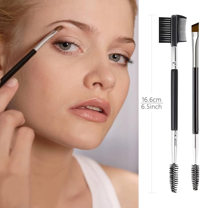 2PCS Professional Double-Ended Eyebrow and Eyelash Brush Set - Angled Eye Brow Brush, Spoolie, and 3 Head Eyelash Comb - Makeup Grooming Tool for Shaping Brows and Lashes