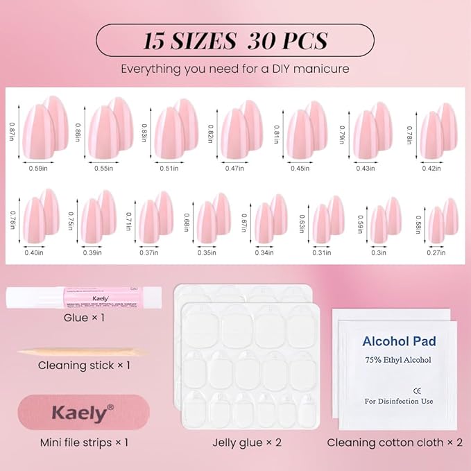 Press on Nails Short Almond - Nude Pink Chrome Glazed Glossy Press on Nail Tips Stick on Nails with Nail Kit for Gift, Reusable Stick On Nails in 15 Sizes 30 Full Cover Acrylic Soft Gel Fake Nails Kit