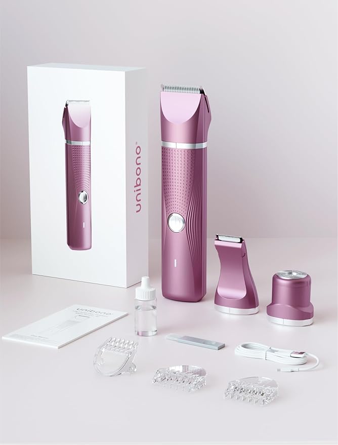 Pubic Hair Trimmer for Women-Unibono Bikini Trimmer, Replaceable 3-in-1 Electric Razors for Women, Electric Shaver in Poweverful Motor, Waterproof Personal Trimmer for Body Hair (Rose Red, RR-1)