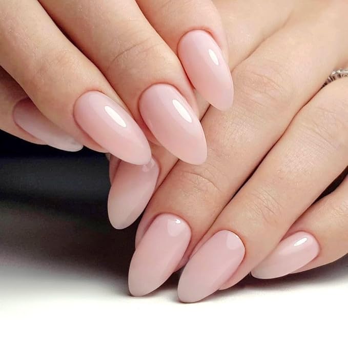GLAMERMAID Light Pink Nude Press On Nails Short Almond, Translucence Coral Glossy Handmade Soft Jelly Gel Fake Nails, Pure Round Oval Stick Glue on Nails Kit for Women, Reusable Acrylic False Nail Set